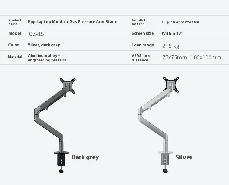 Aluminium hover notebook stand with adjustable arm bracket in silver or black colour