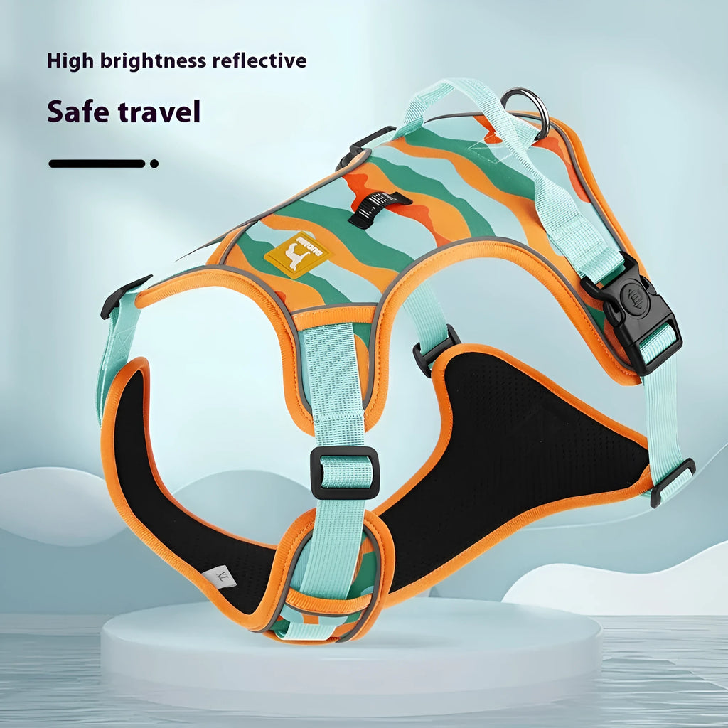 Reflective dog walking harness and lead set with hand holding rope in orange colour