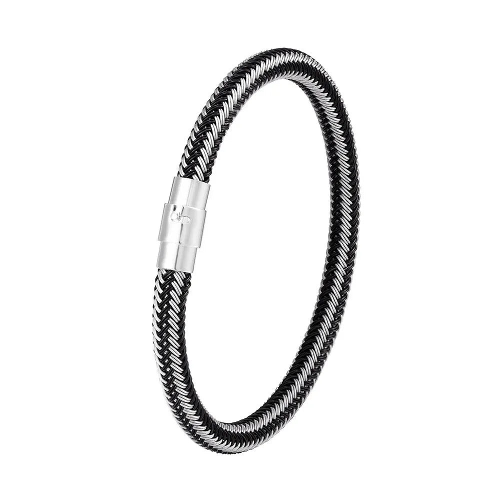 Titanium steel geometric wire bracelet with magnet socket closure showing linear design elements