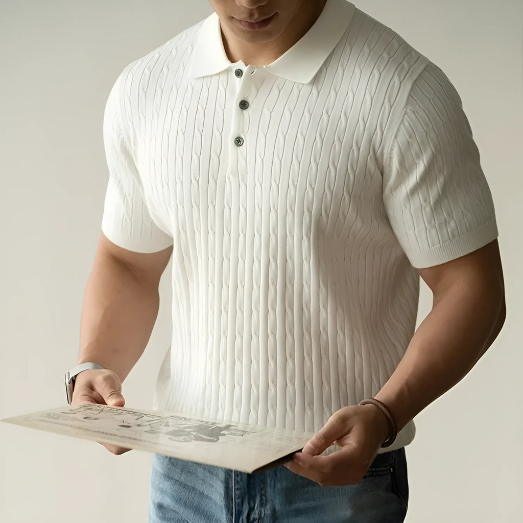 Men's khaki short sleeve business casual top showing front view with Asian fit sizing label