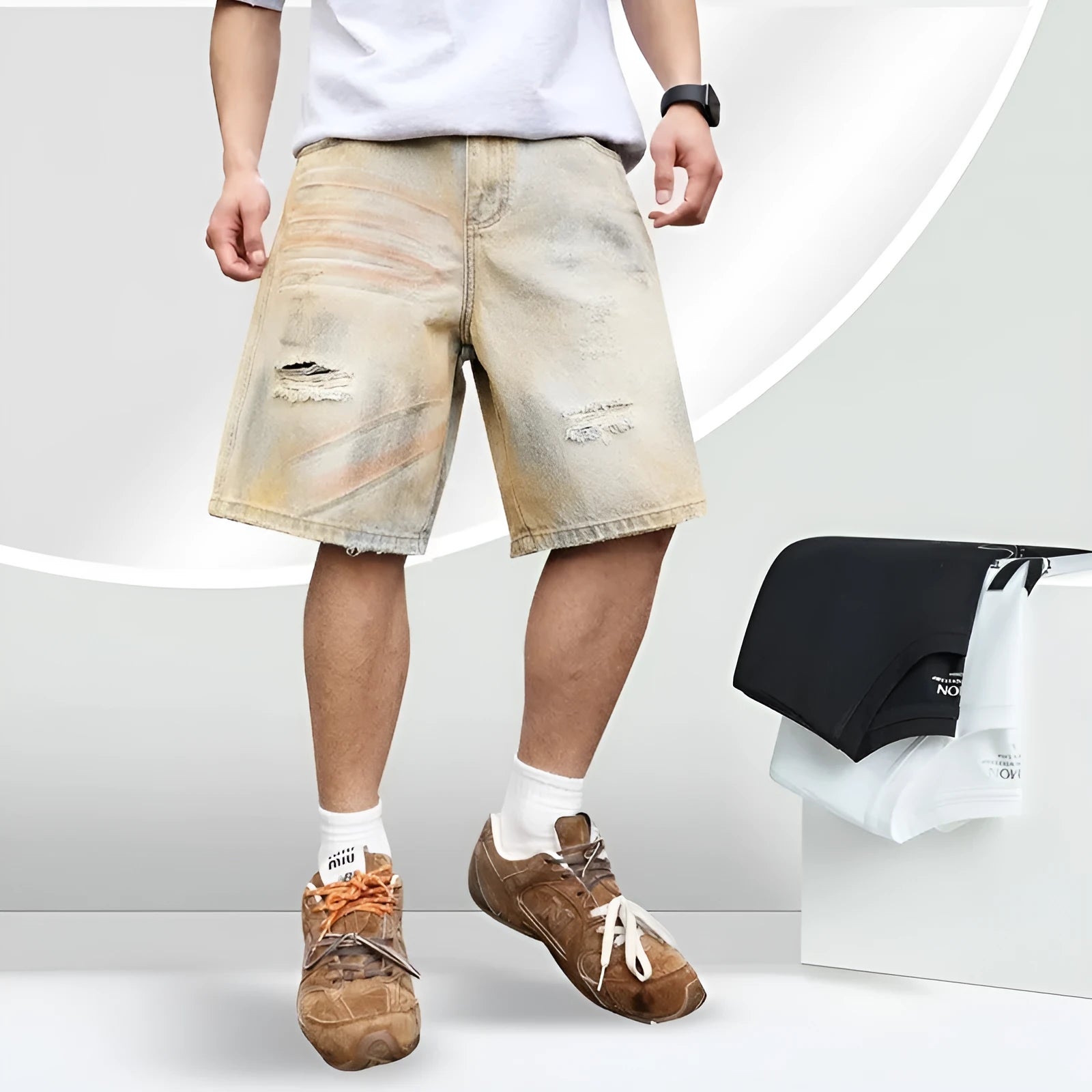 Light blue ripped denim shorts for men on a mid-thigh model, showing straight-leg cut and distressed details.