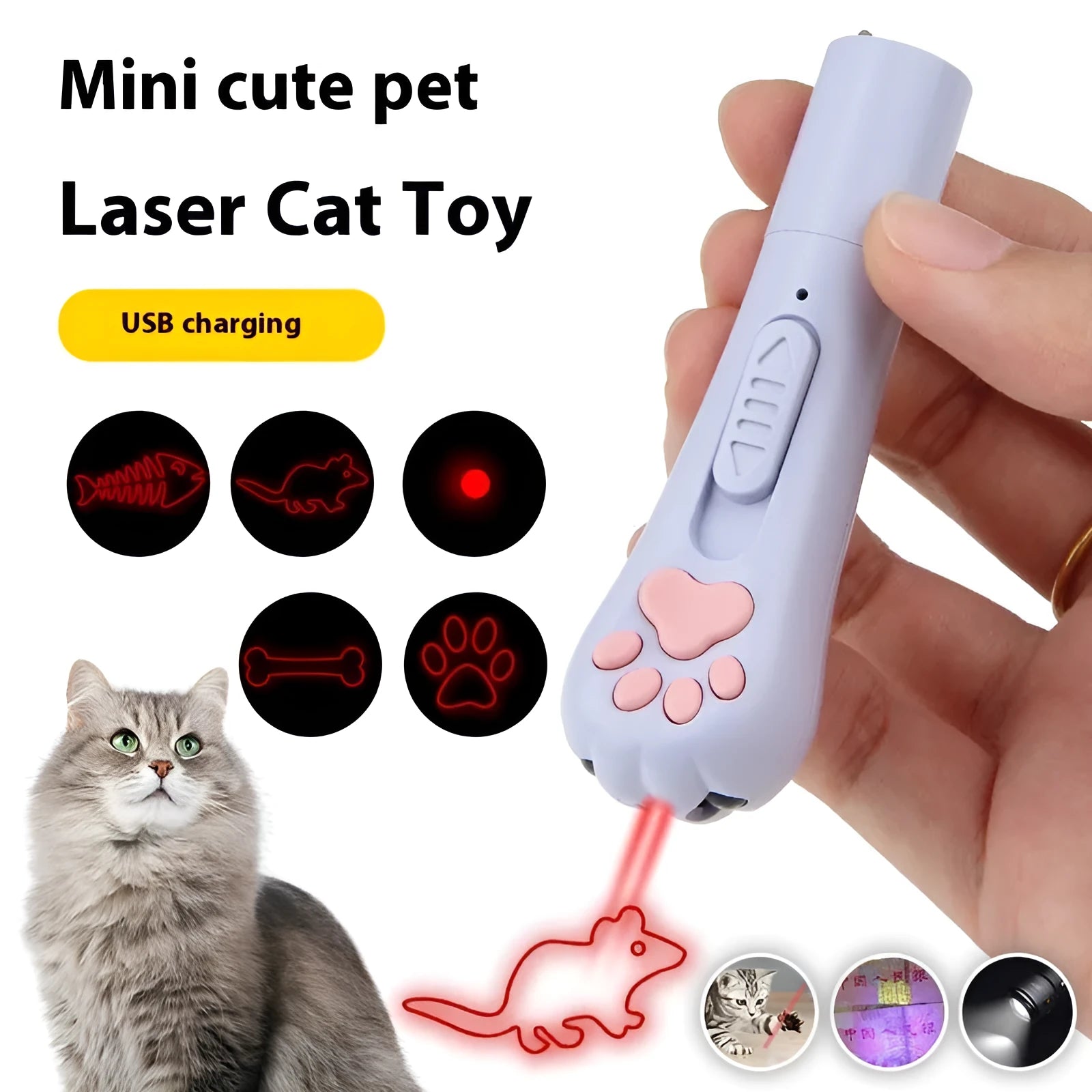 Infrared cat teasing stick with light patterns showing red money line display and pet footprints design