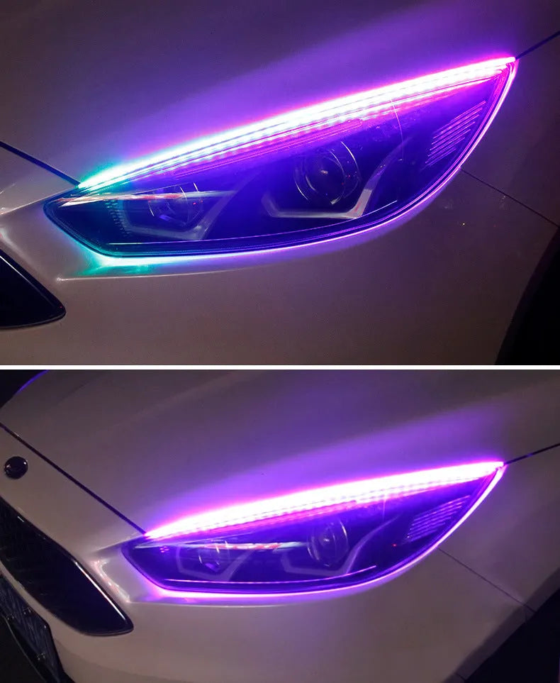 A universal RGB LED daytime running light strip for cars with a remote control, shown in three size options.