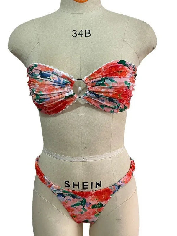 European style floral printed swimwear bikini set with tube top and briefs in blue colour option