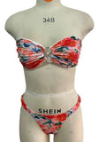 European style floral printed swimwear bikini set with tube top and briefs in blue colour option