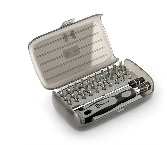 32-in-1 screwdriver set with 30 CRV bits in grey PP plastic storage case measuring 130x75x37mm