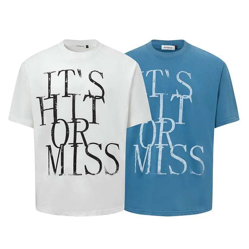 Men's blue loose fit t-shirt with American retro style letter printing on the front.