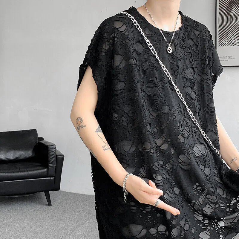Black loose-fit wide shoulder vest with ripped sleeves and Japanese retro style.