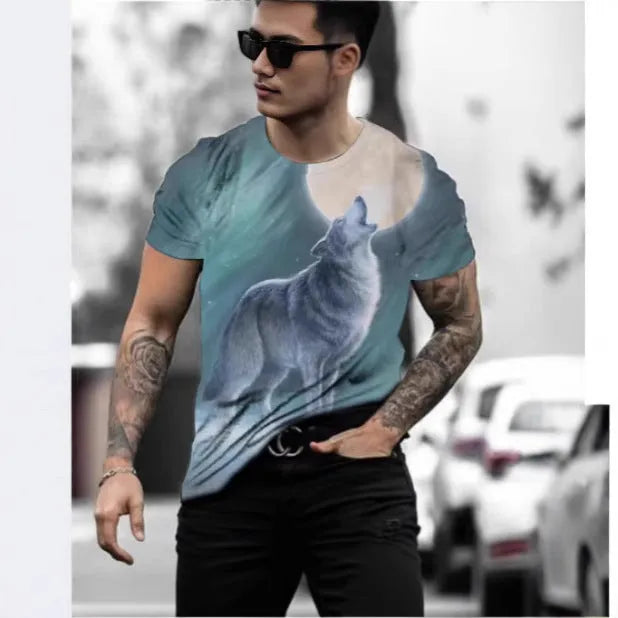 Men's grey T-shirt with a retro-style 3D lion graphic print on the front