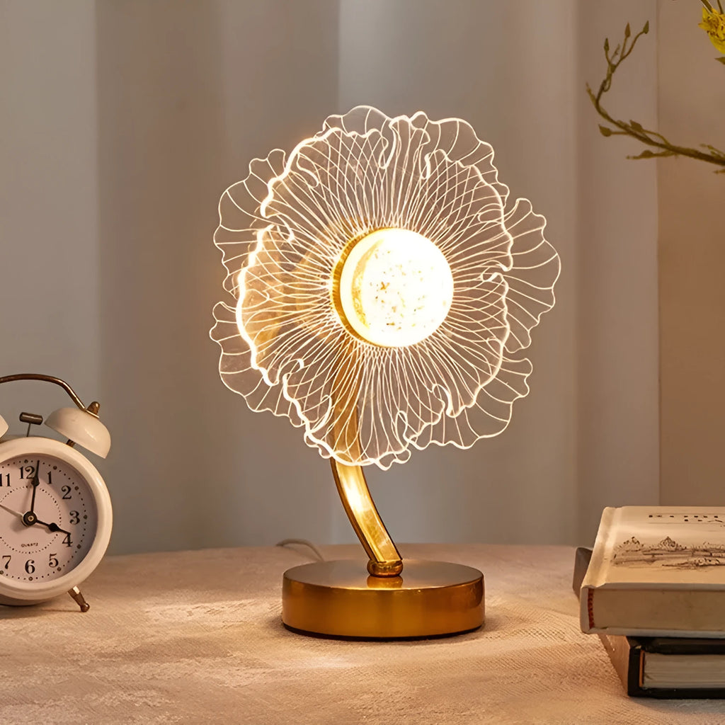 Creative acrylic table lamp with three-colour USB dimming, sunflower shape, on a desk