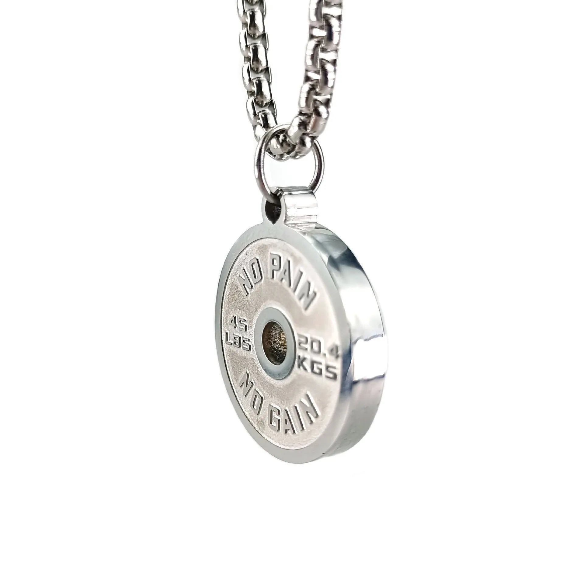 Polished stainless steel barbell disk pendant necklace available in black, gold, and pearl chain styles for fitness fashion