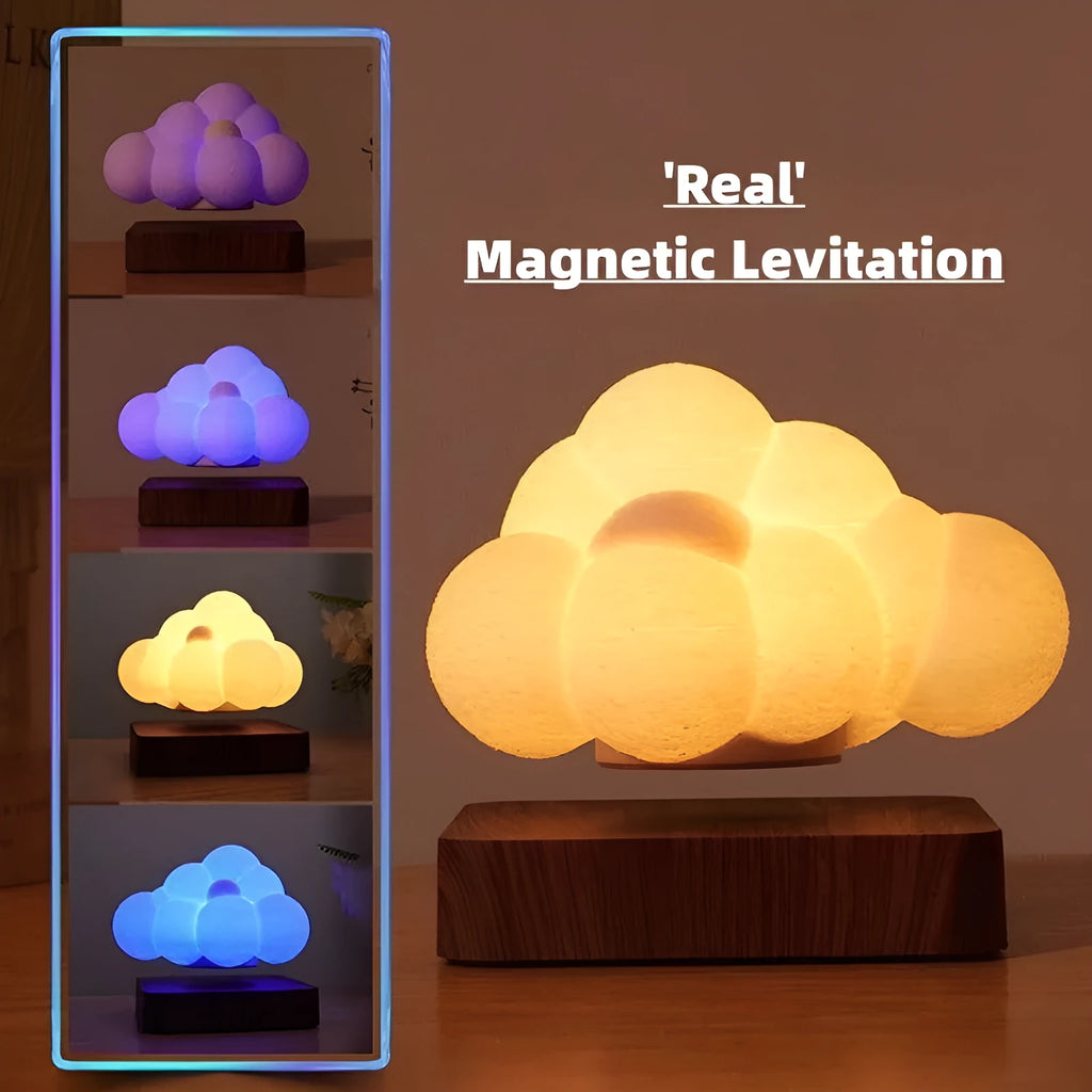 Magnetic levitation cloud lamp with 3D-printed floating cloud and touch control base in warm colour