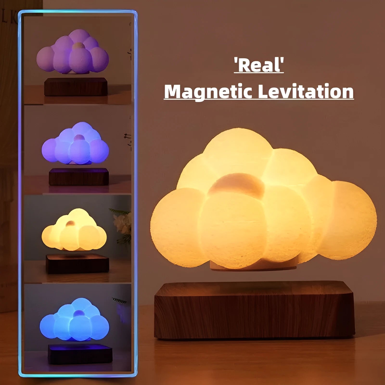 Magnetic levitation cloud lamp with 3D-printed floating cloud and touch control base in warm colour
