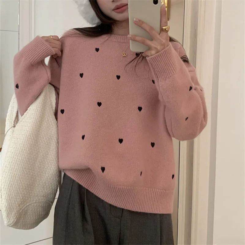 Women's loose fit embroidered pullover sweater in milky white, gray, or pink colour
