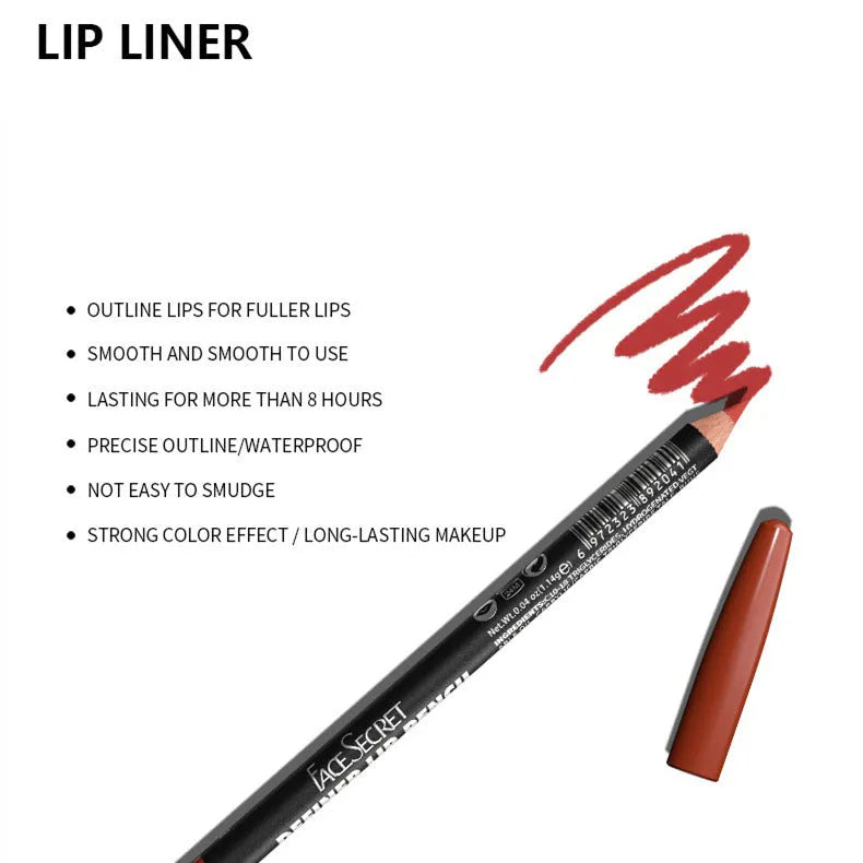 Matte finish lip liner pencil in a wooden case with shade numbers 201 to 214 shown