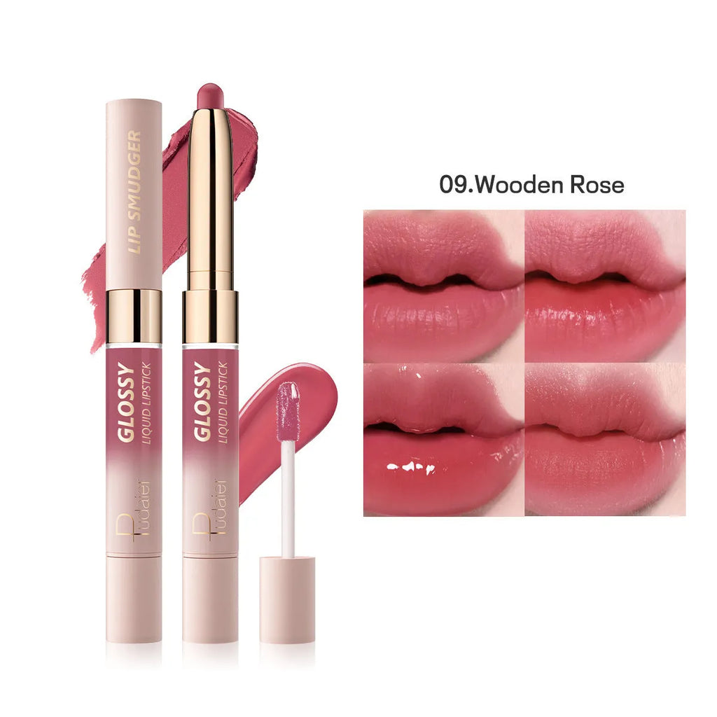Double-headed lipstick and lip gloss set showing ten colour options with matte finish
