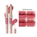 Double-headed lipstick and lip gloss set showing ten colour options with matte finish