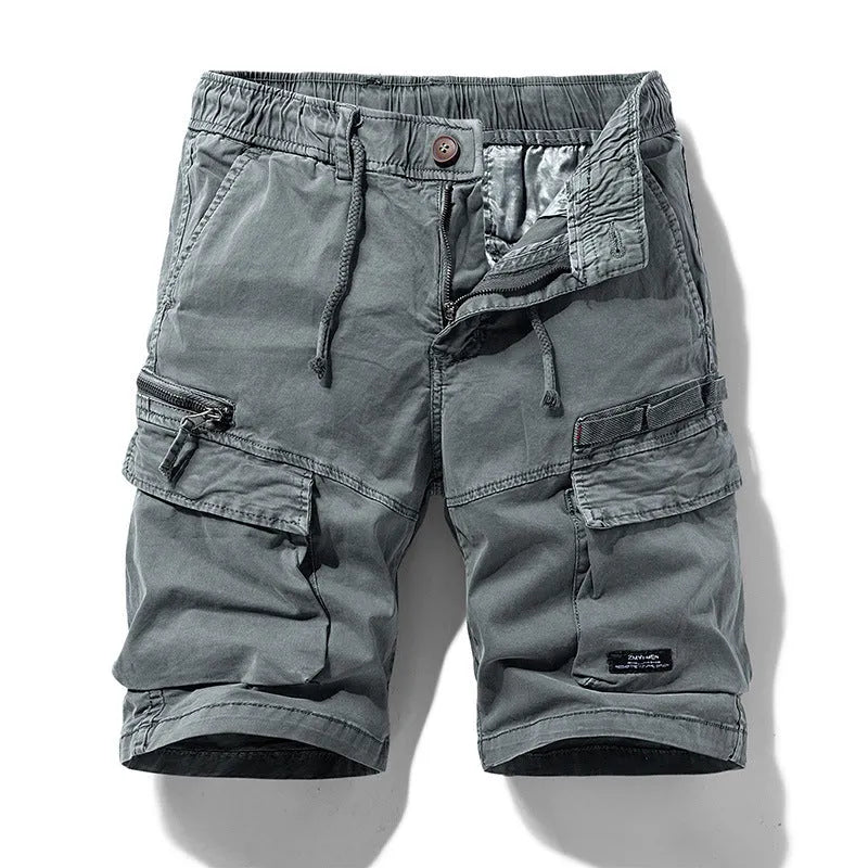 Men's cotton cargo shorts with zip pocket in army green colour, Korean style cut with multiple pockets