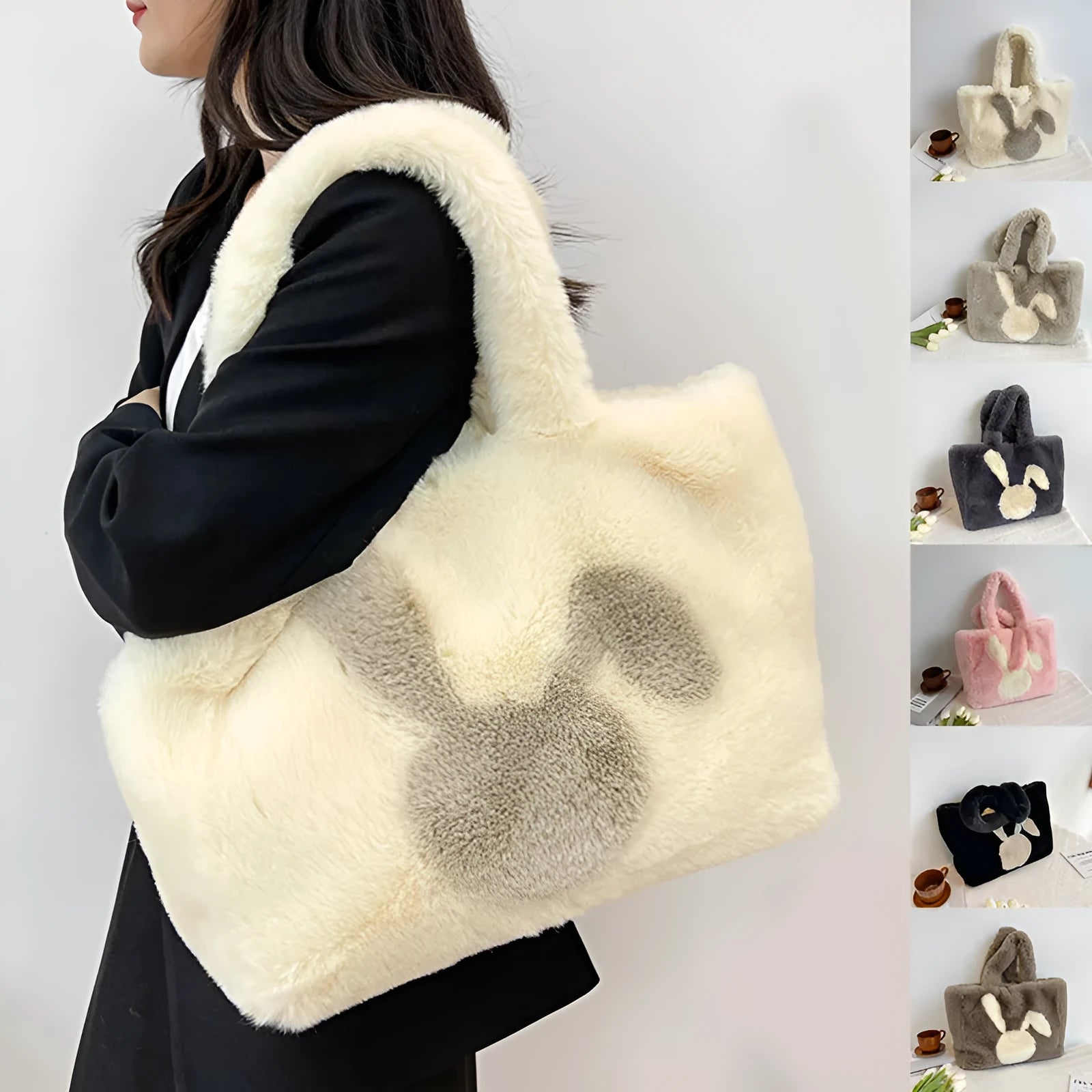 Plush cartoon rabbit ears tote bag in solid colour with shoulder strap