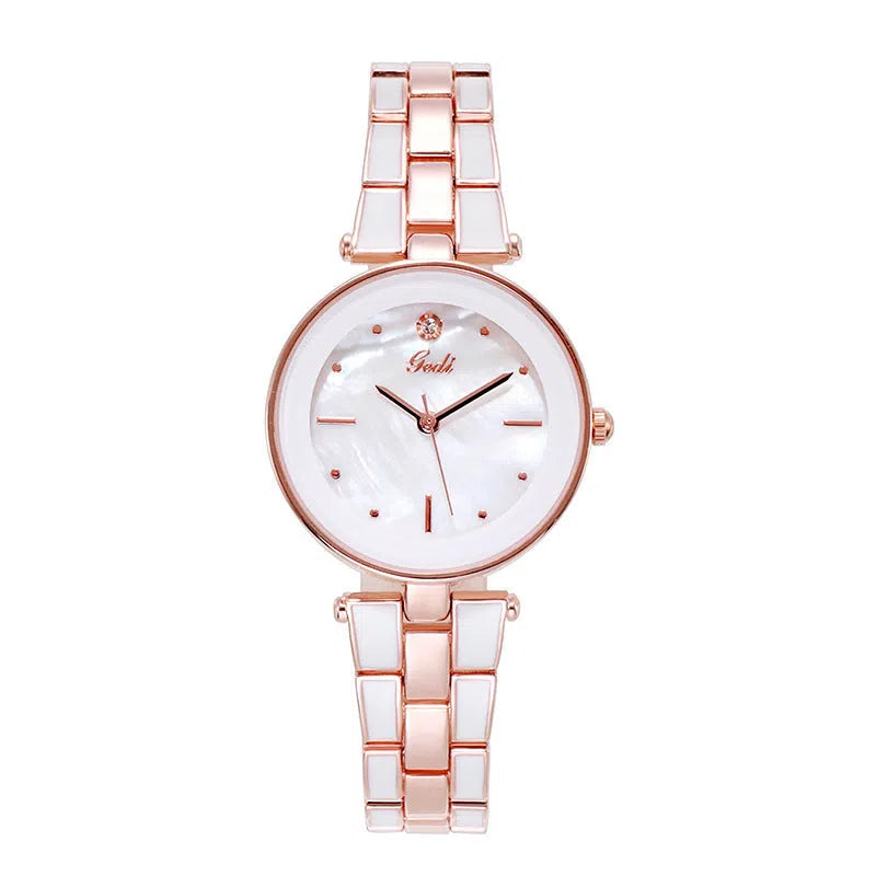 Ladies quartz watch with white dial, rose gold tone, 30mm round alloy case, and steel strap
