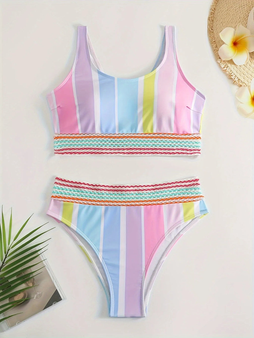 Women's striped sports bikini set with briefs bottom, shown in picture colour.