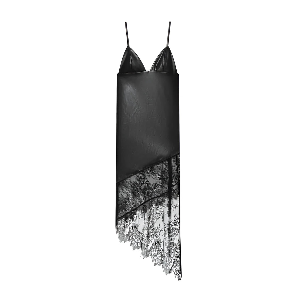 Women's black striped checkered lace leather suspender dress with asymmetrical short skirt and hooded top