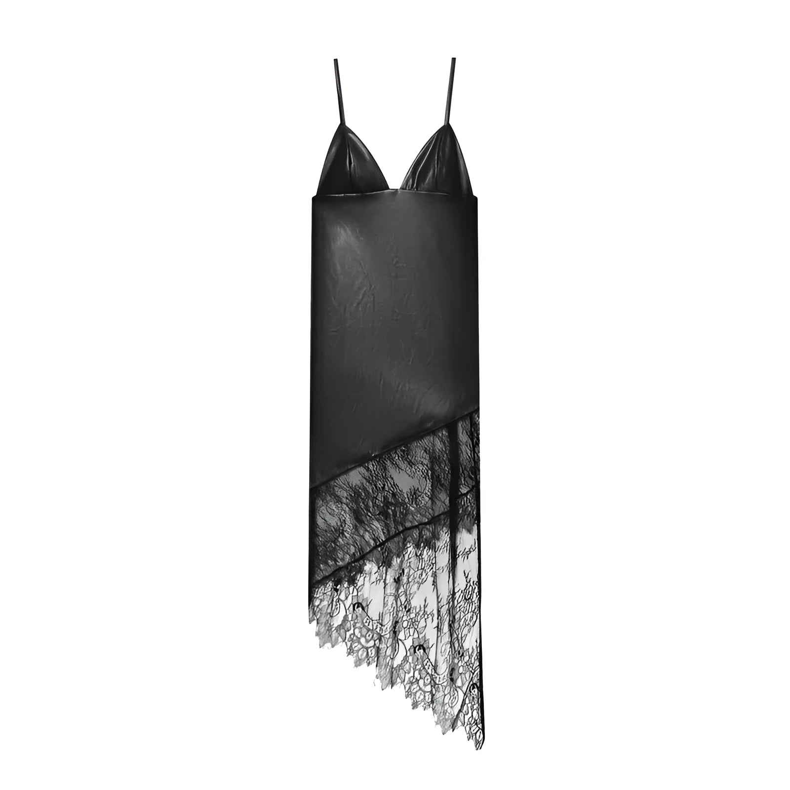 Women's black striped checkered lace leather suspender dress with asymmetrical short skirt and hooded top