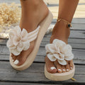 Plus size floral flip flop slippers in beige, green, and rose red on a white background.