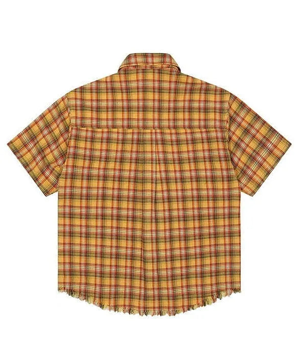 Yellow check short-sleeve plaid shirt with an embroidered chest pocket, shown on a hanger.