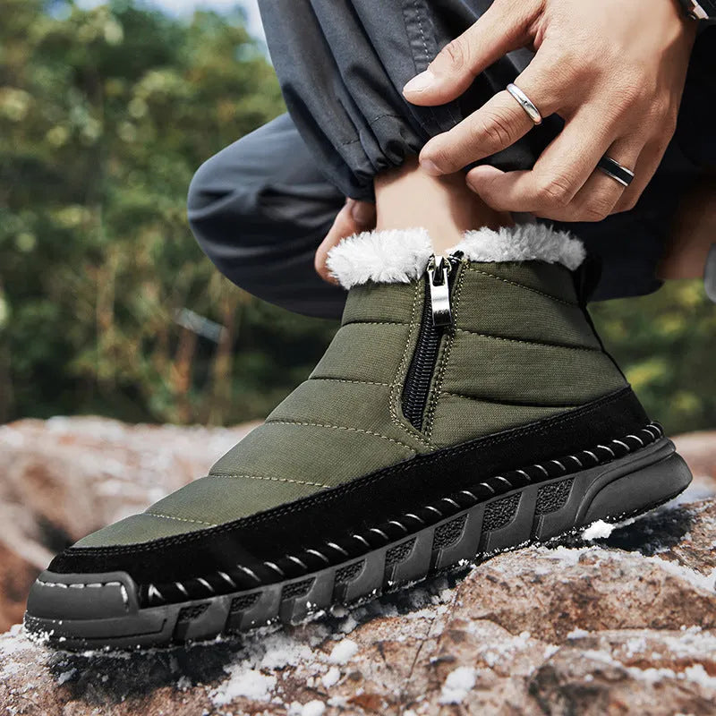 Men's plus size snow boot in a solid colour with cotton upper, flat heel, and non-slip rubber sole.