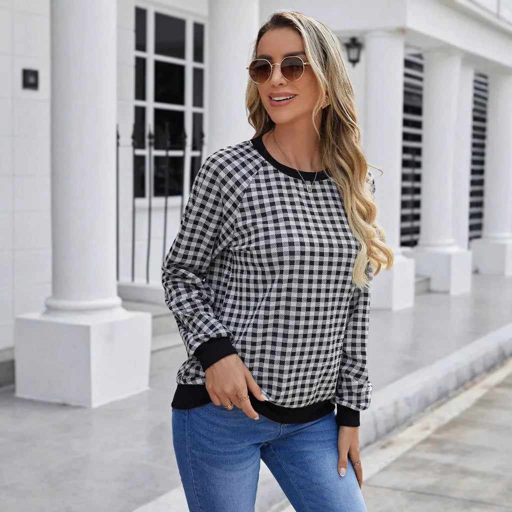 Black Japanese plaid pattern pullover sweater with printed design and long sleeves