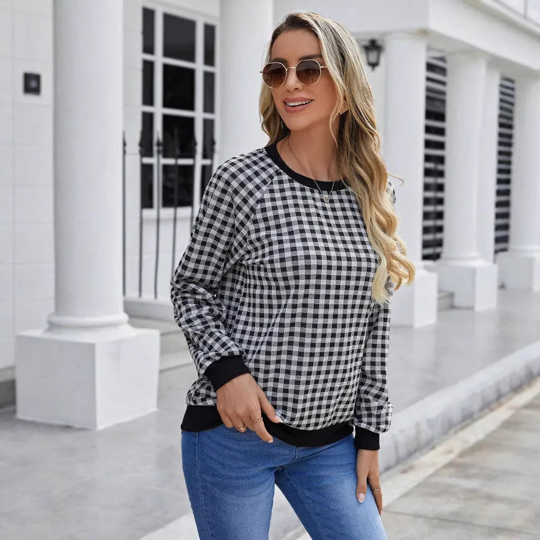 Black Japanese plaid pattern pullover sweater with printed design and long sleeves