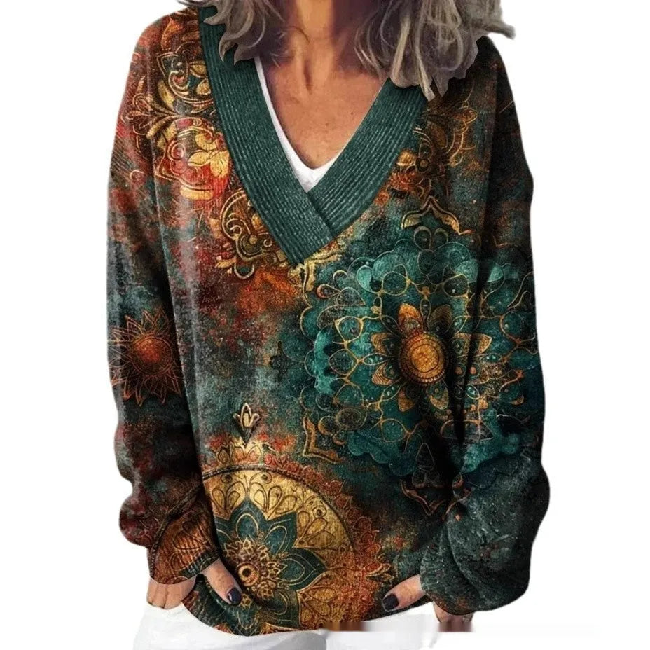 Women's V-neck floral print sweatshirt with 3D effect and long sleeves in art retro style.