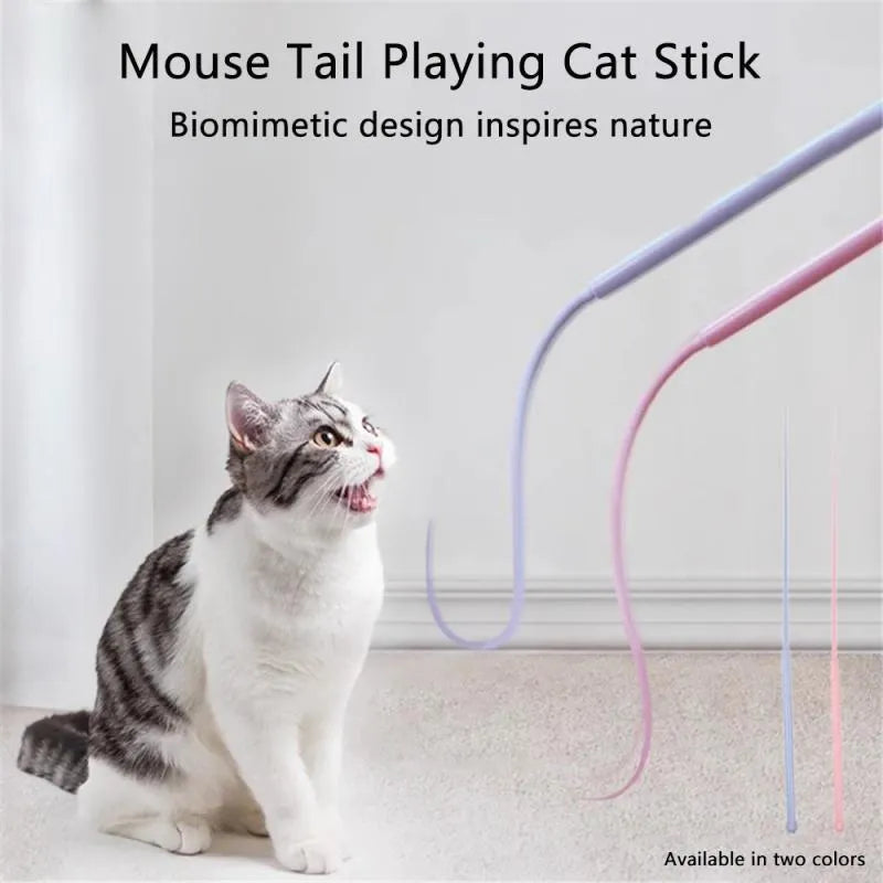 Blue cat teaser stick with silicone mouse tail and cat head design for interactive play