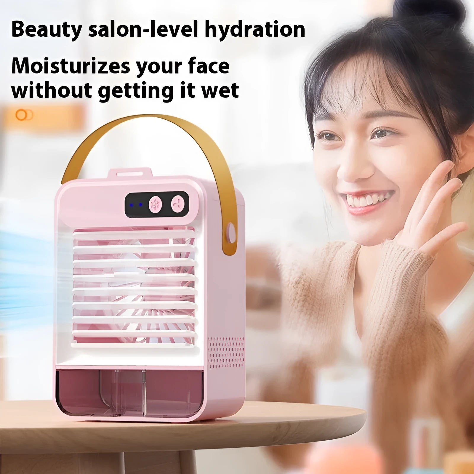 Dark green and ivory white desktop air humidifier with 5-blade fan and USB port measuring 19x12.5x10cm