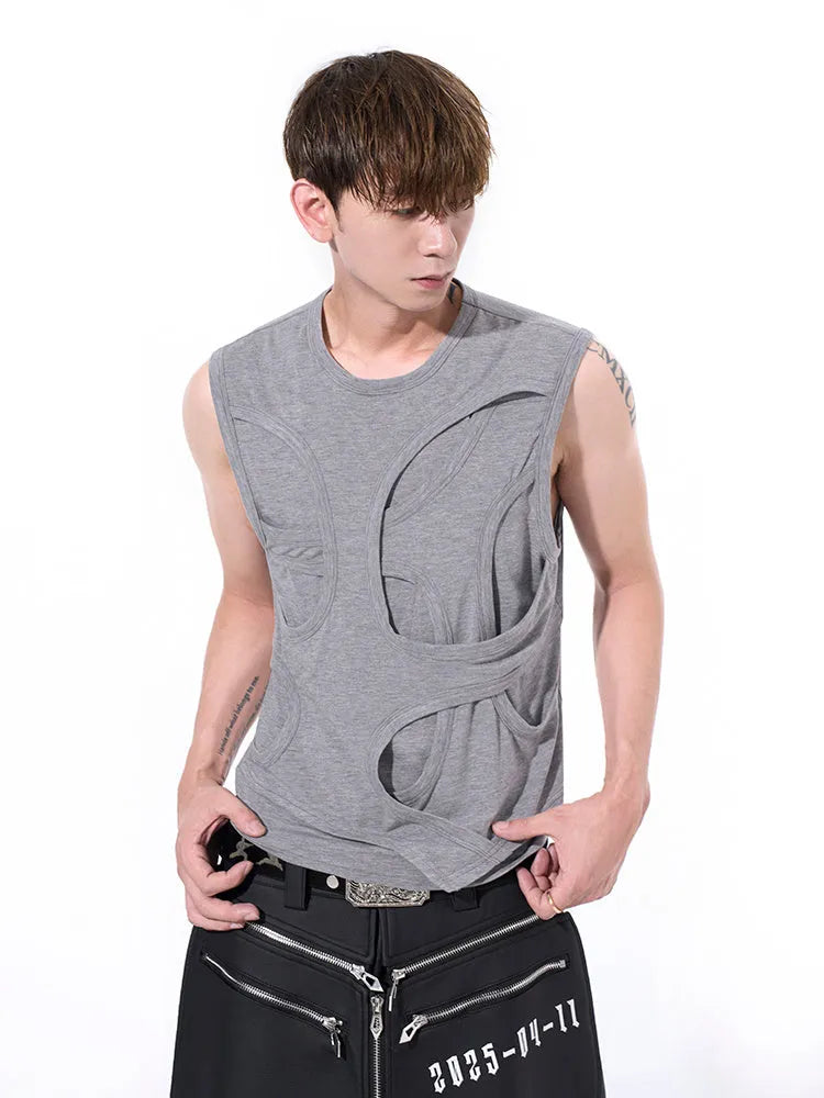 Men's solid colour lyocell summer vest in black, showing round neck and sleeveless tank-top design