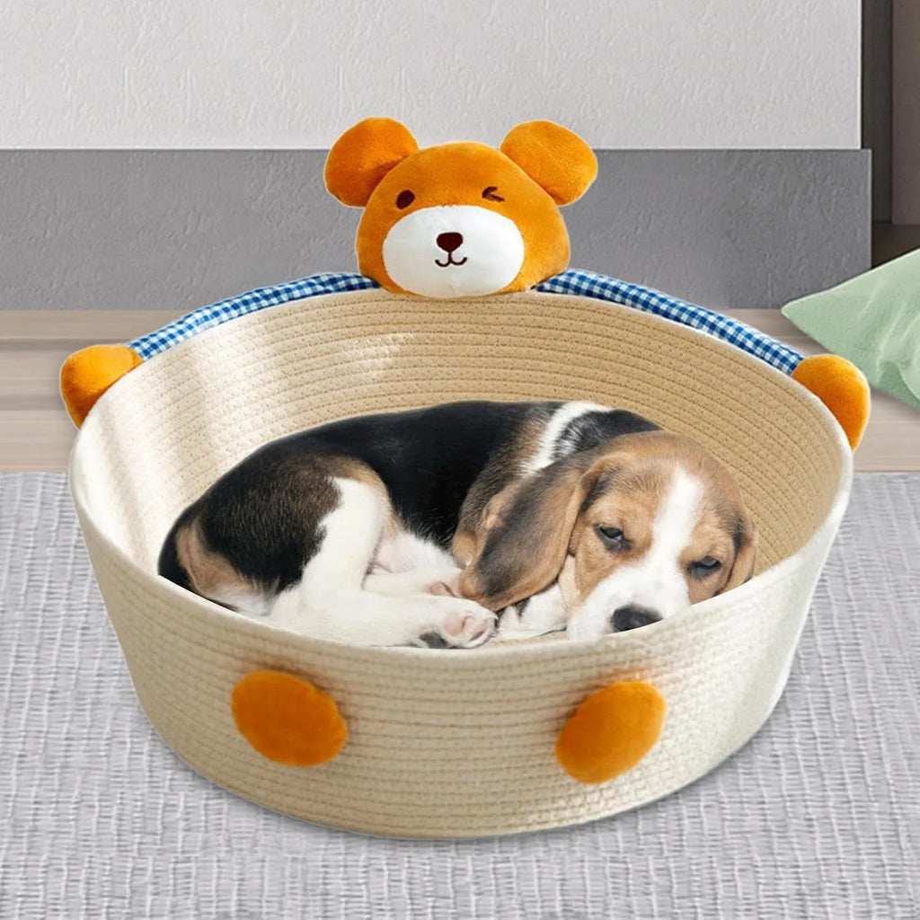 Woven cotton rope cat bed and scratcher basket in bear or rabbit design, shown in small, medium, or large size.