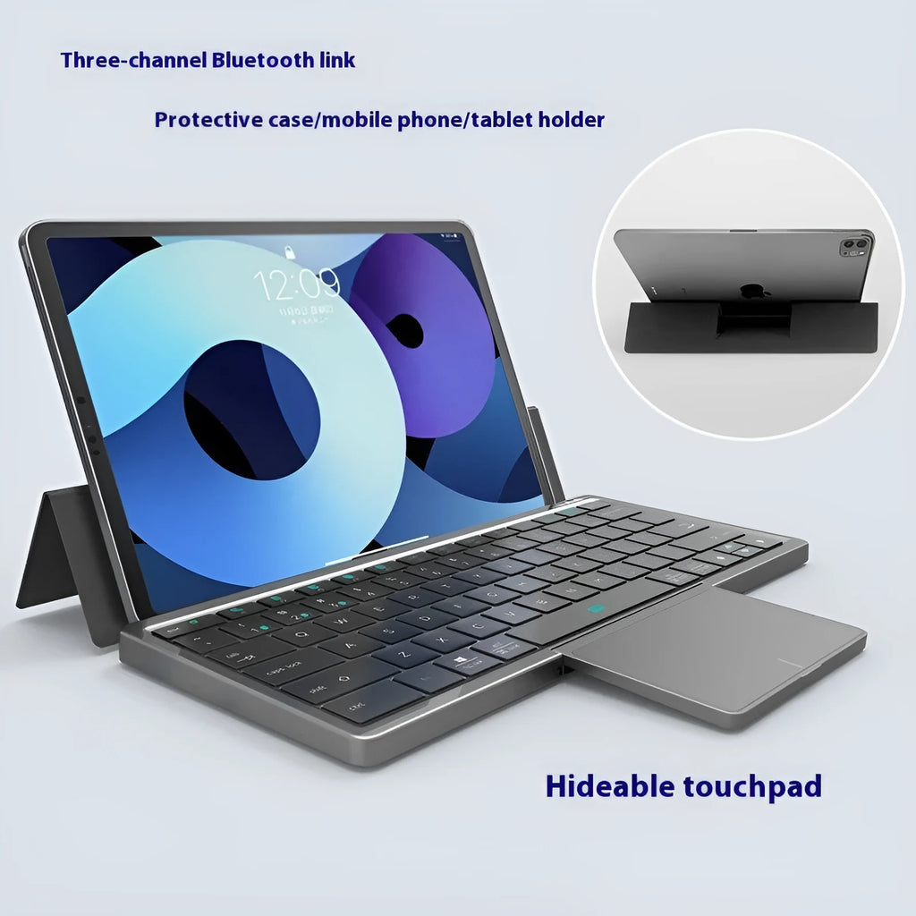 Three-in-one wireless Bluetooth keyboard with touchpad and leather sheath stand for tablets