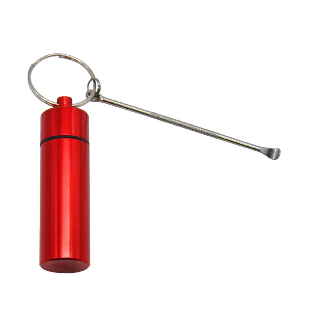 Aluminium portable medicine bottle with spoon and keychain in blue, green, red, gold, and black
