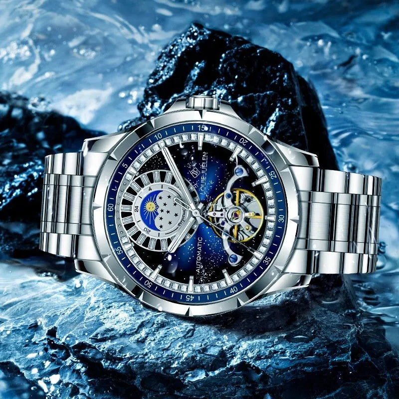 Men's silver automatic waterproof watch with blue dial and stainless steel strap