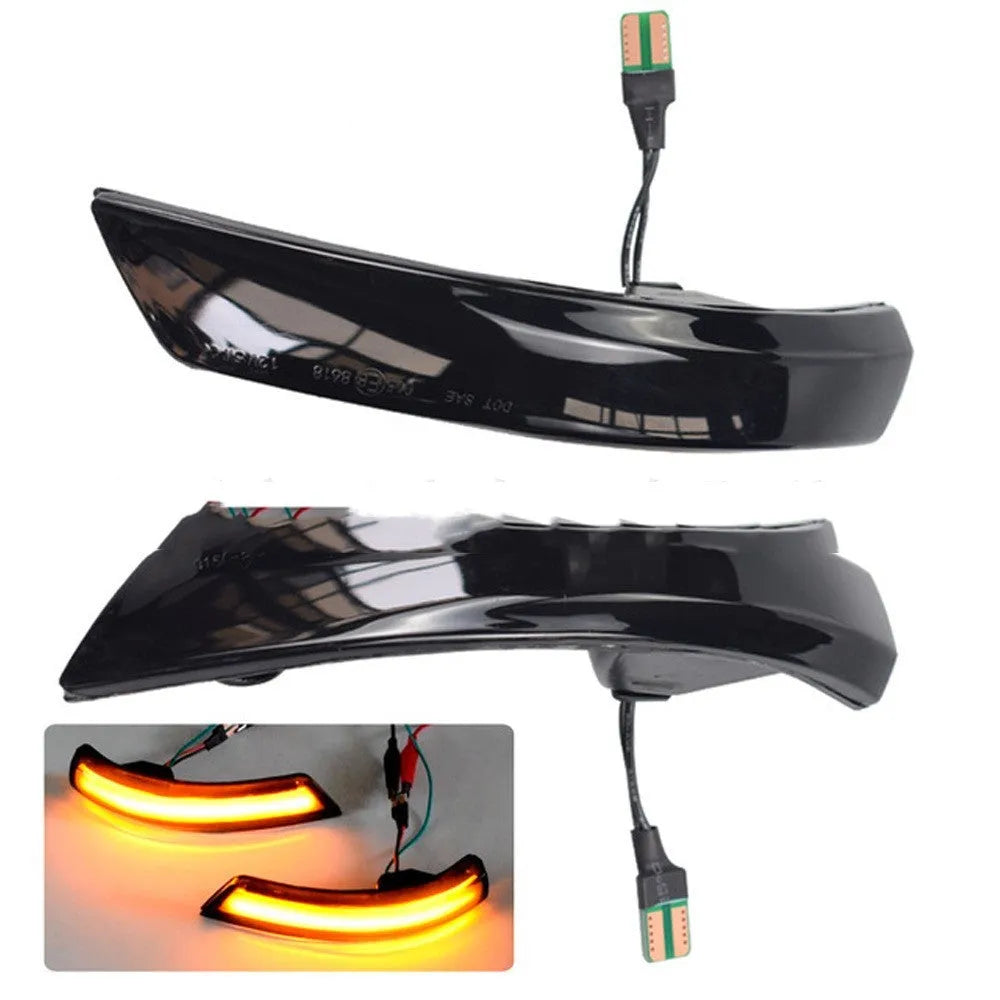Ford Focus and Mondeo rearview mirror LED waterfall light accessory in yellow and blue two-tone.