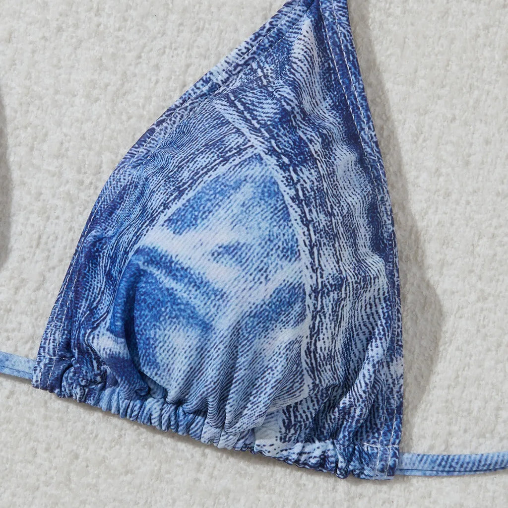 Denim blue women's bikini set with printed straps and triangle top design