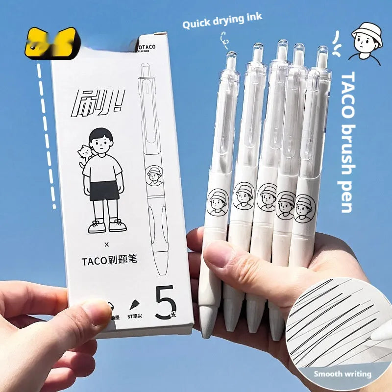 Five white and black Taco series 0.5mm press-action ballpoint pens laid side by side.