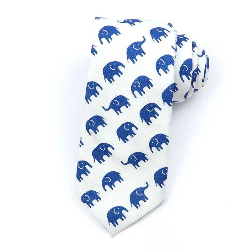Korean style narrow men's cotton bow tie with cartoon print and elastic fastening loop.