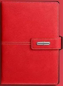A5 notebook with PU leather cover in one of six colour options, showing wood-free paper inside.