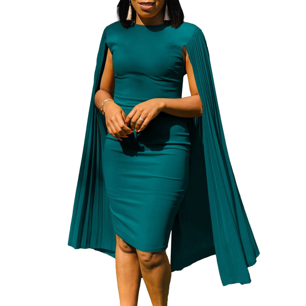 Round neck pleated evening dress with attached shawl in long sleeve high-waist design