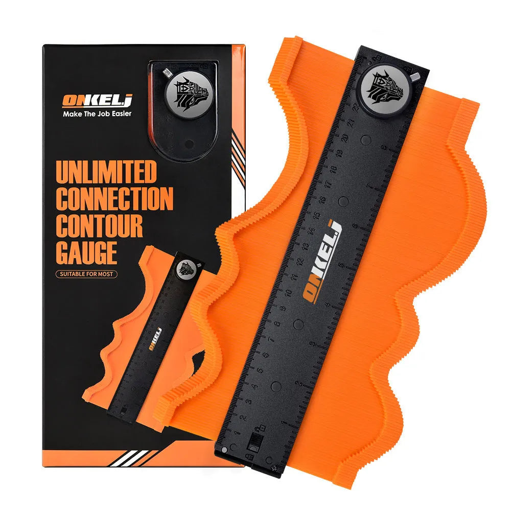 10-inch contour profile gauge with infinite stitching and lock, made of black ABS plastic and stainless steel pins.