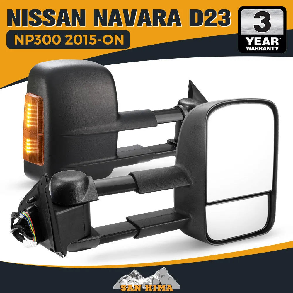 Black electric exterior rear vision mirrors with integrated turn signal indicators for Nissan NP300 D23