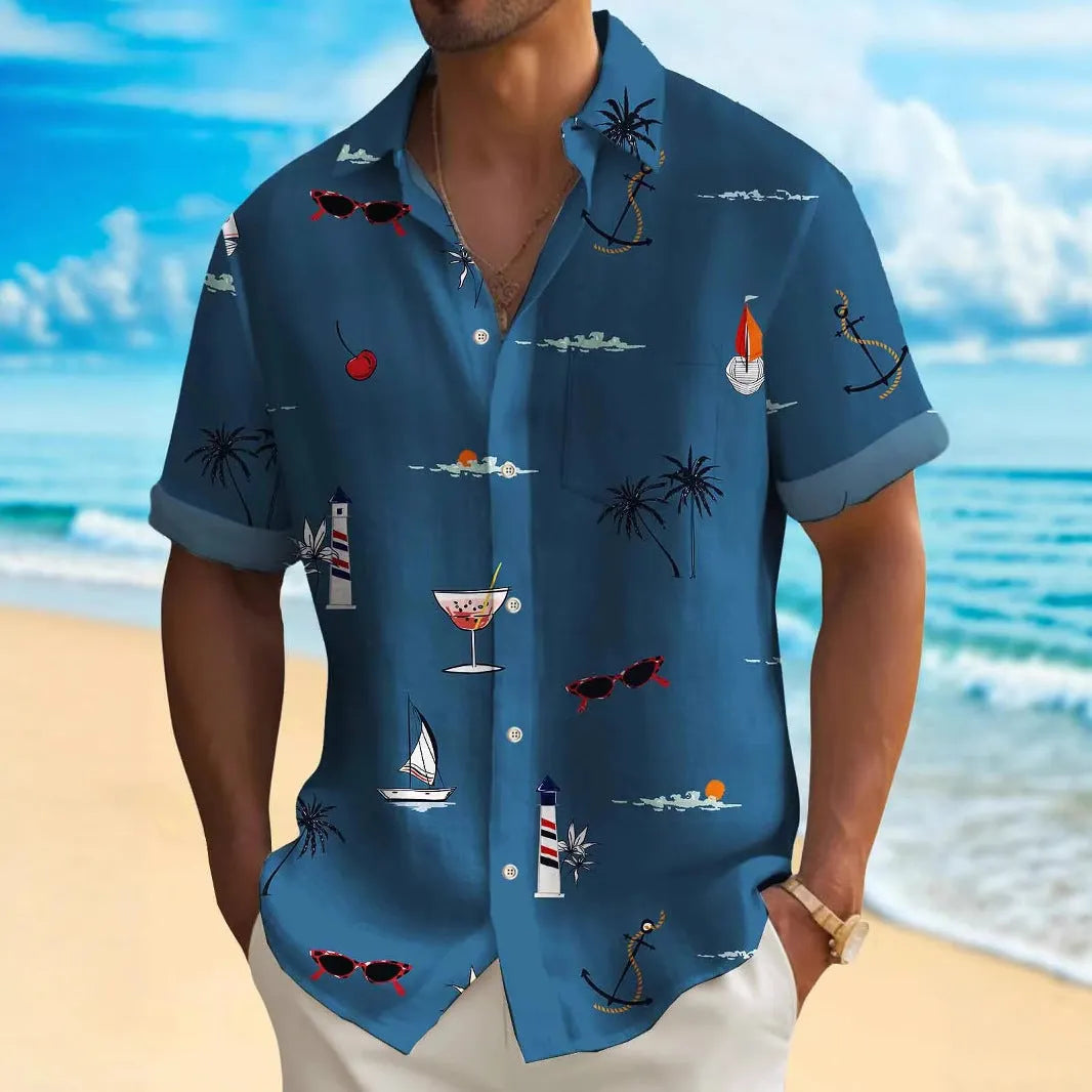 Men's loose fit Hawaiian patterned shirt with digital printing short sleeves