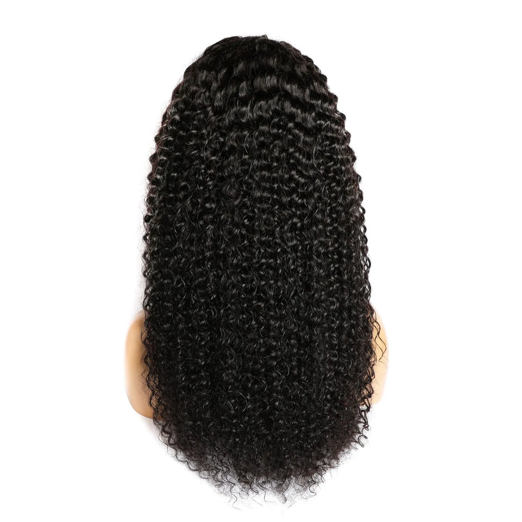 Curly real human hair lace front wig on a mannequin head, showing hand-woven base.